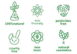 Ícones de certificações e características de produtos naturais: 100% natural, eco friendly, pesticides free, cruelty free, non toxic, natural cosmetics.